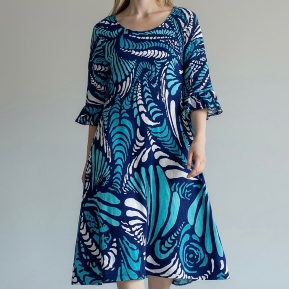 Shift Dress Blue Abstract Swirl Ruffle Sleeve Coastal Cruise Summer Sz Lg Womens